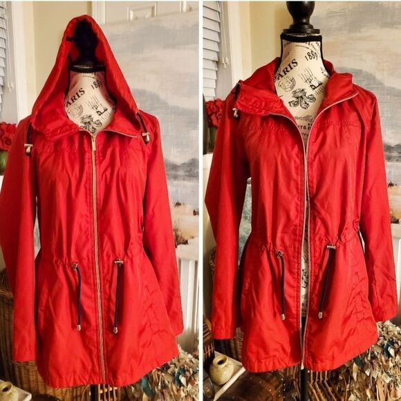 Susan Graver Hooded Red Full Zipper Front Rain Coat Sz S - Picture 1 of 11
